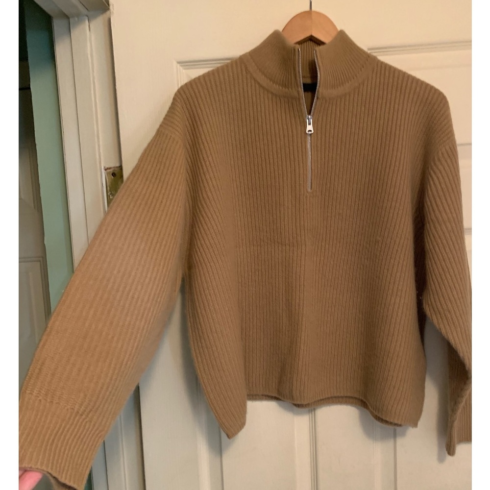 Jenni Kayne cashmere half zip sweater in camel. 100% cashmere.